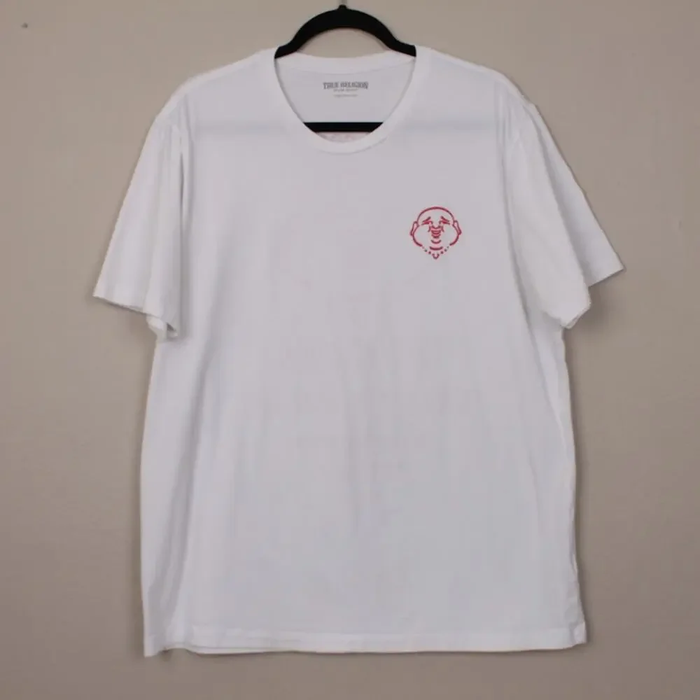 TRUE RELIGION | Mens White Red Buddha Logo Graphic T-Shirt Raised Paint Y2K 2XL